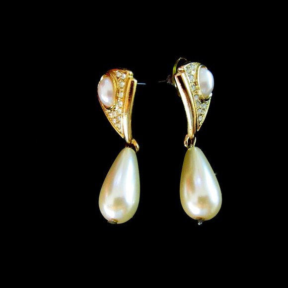 Art Deco Revival faux pearl & rhinestone dangling pierced earrings - Picture 4 of 7